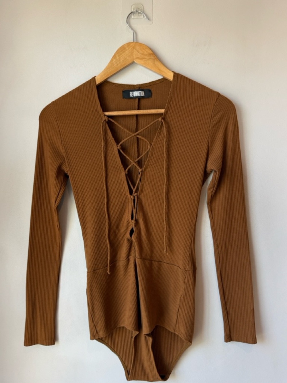 Reformation Avalon Lace Up Cocoa Bodysuit